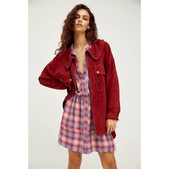 New Free People WTF Brooklyn Suede Jacket $468 LARGE Raspberry SLOUCHY - Picture 1 of 5